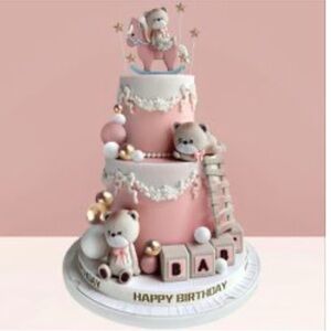 Pink and White Teddy Bear Birthday Cake Decorations